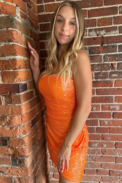 Strapless Orange Bodycon Sequins Short Homecoming Dress,Gala Dresses Short