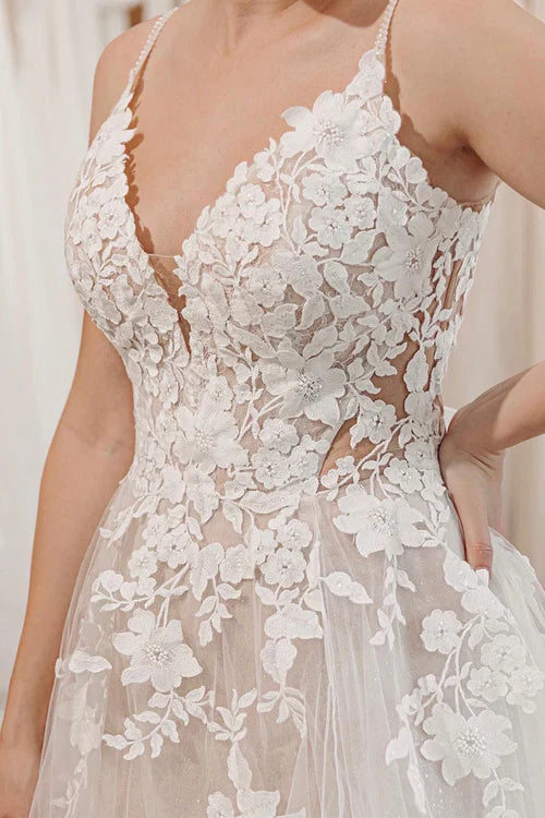 Aimishang Elegant Glitter Ivory A-Line Spaghetti Straps Long Wedding Dress with Appliques