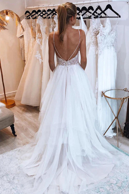 Aimishang Elegant Ivory A-Line Backless Tulle Long Wedding Dress with Appliques