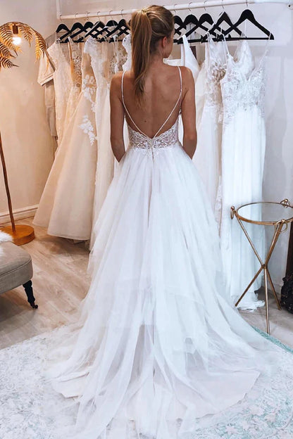 Aimishang Elegant Ivory A-Line Backless Tulle Long Wedding Dress with Appliques
