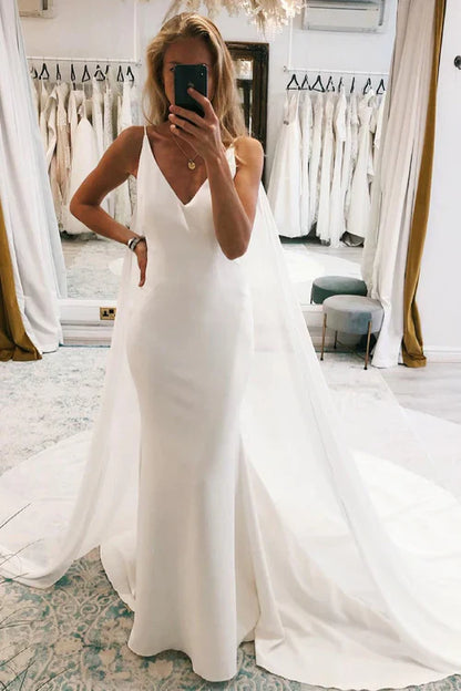 Aimishang Elegant Simple White Watteau Train Boho Long Mermaid Wedding Dress