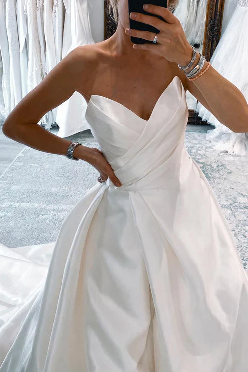 Aimishang Elegant White Satin Long A-Line Wedding Dress with Slit