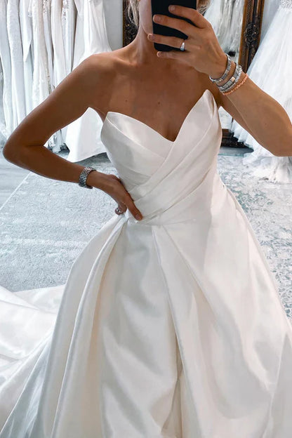 Aimishang Elegant White Satin Long A-Line Wedding Dress with Slit
