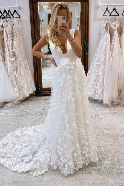 Aimishang Elegant White Deep V-Neck Backless Long Wedding Dress with Appliques
