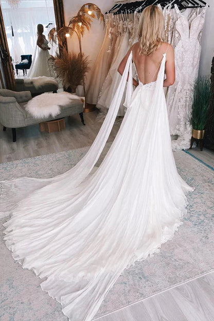 Aimishang Elegant Ivory A-Line Watteau Train Boho Long Chiffon Wedding Dress with Lace