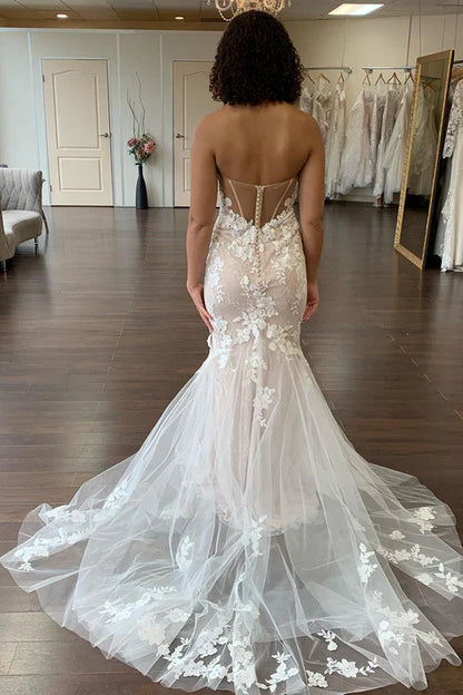 Aimishang Elegant Ivory Mermaid Sweetheart Long Wedding Dress with Lace