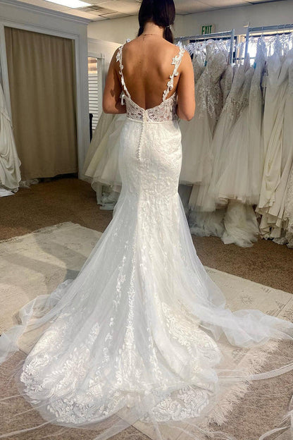 Aimishang Elegant Tulle Mermaid Spaghetti Straps White Long Wedding Dress with Appliques