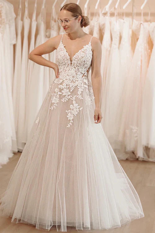 Aimishang Elegant Glitter Ivory A-Line Spaghetti Straps Long Wedding Dress with Appliques