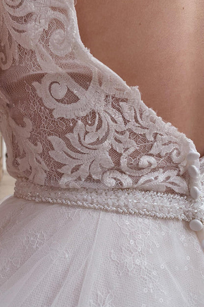 Aimishang Elegant A-Line Tulle White Long Wedding Dress with Beading