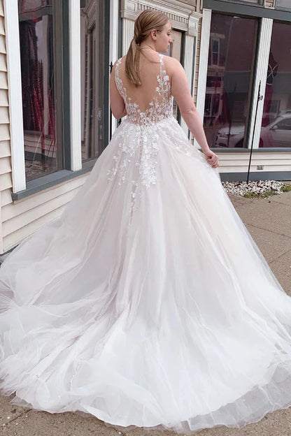 Aimishang Elegant White A-Line Tulle Sparkly White Wedding Dress with Appliques