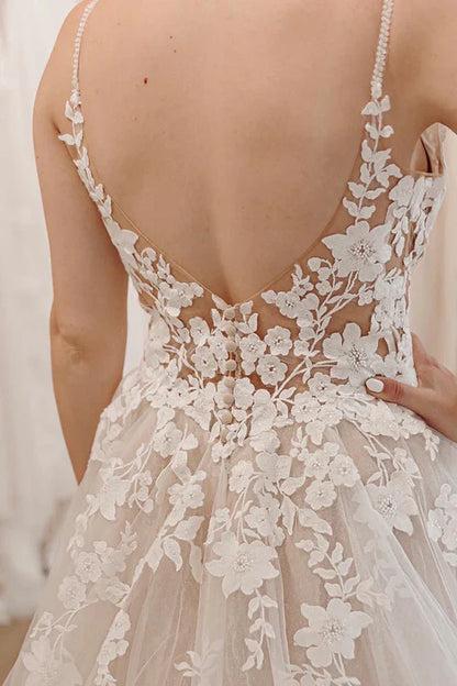 Aimishang Elegant Glitter Ivory A-Line Spaghetti Straps Long Wedding Dress with Appliques