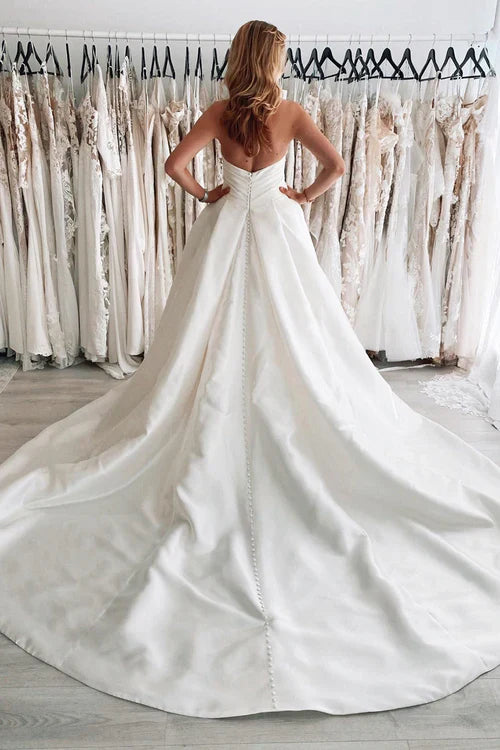 Aimishang Elegant White Satin Long A-Line Wedding Dress with Slit