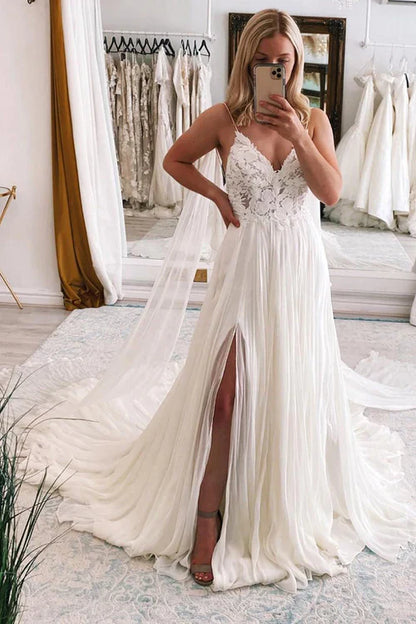 Aimishang Elegant Ivory A-Line Watteau Train Boho Long Chiffon Wedding Dress with Lace