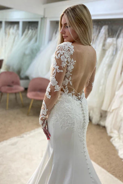 Aimishang Elegant White V-Neck Mermaid Long Wedding Dress with Lace