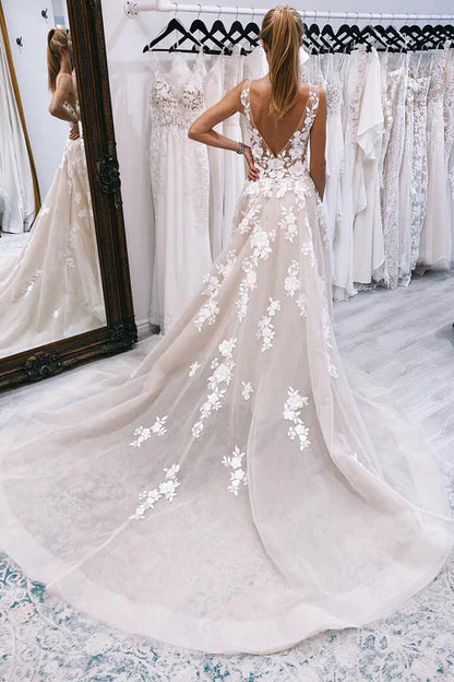 Aimishang Elegant Ivory A-Line Ivory V-Neck Long Tulle Wedding Dress with Appliques
