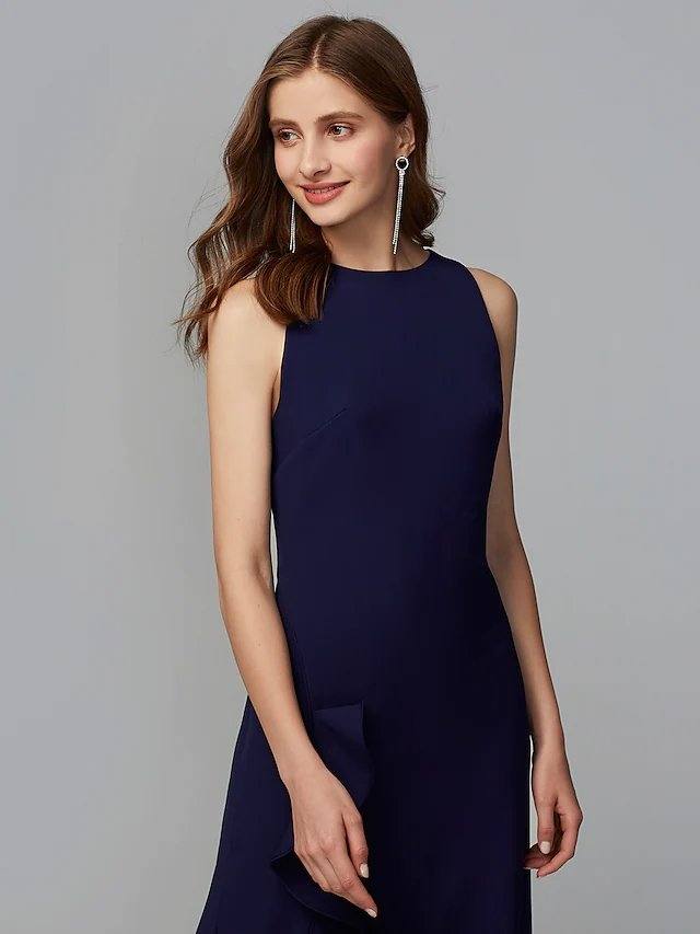 A-Line Jewel Neck Asymmetrical Chiffon Bridesmaid Dress with Ruffles / Split Front - RongMoon