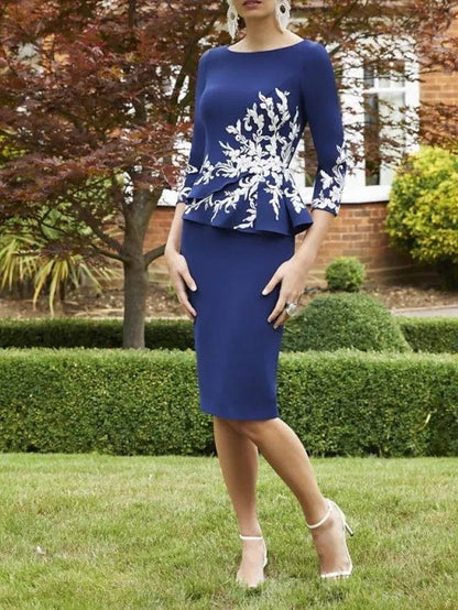 Sheath / Column Mother of the Bride Dress Elegant Jewel Neck Knee Length Italy Satin Half Sleeve with Appliques - RongMoon