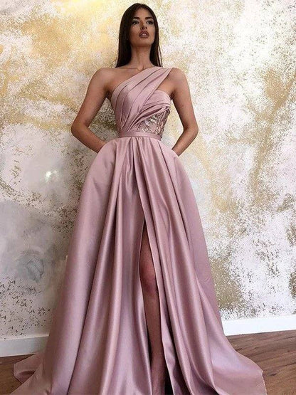 A-Line/Princess Satin Sleeveless Ruched One-Shoulder Sweep/Brush Train Dresses - RongMoon