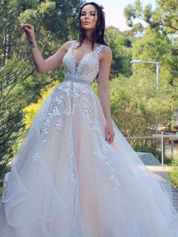 A-Line/Princess Applique Tulle Sleeveless V-neck Sweep/Brush Train Dresses - RongMoon