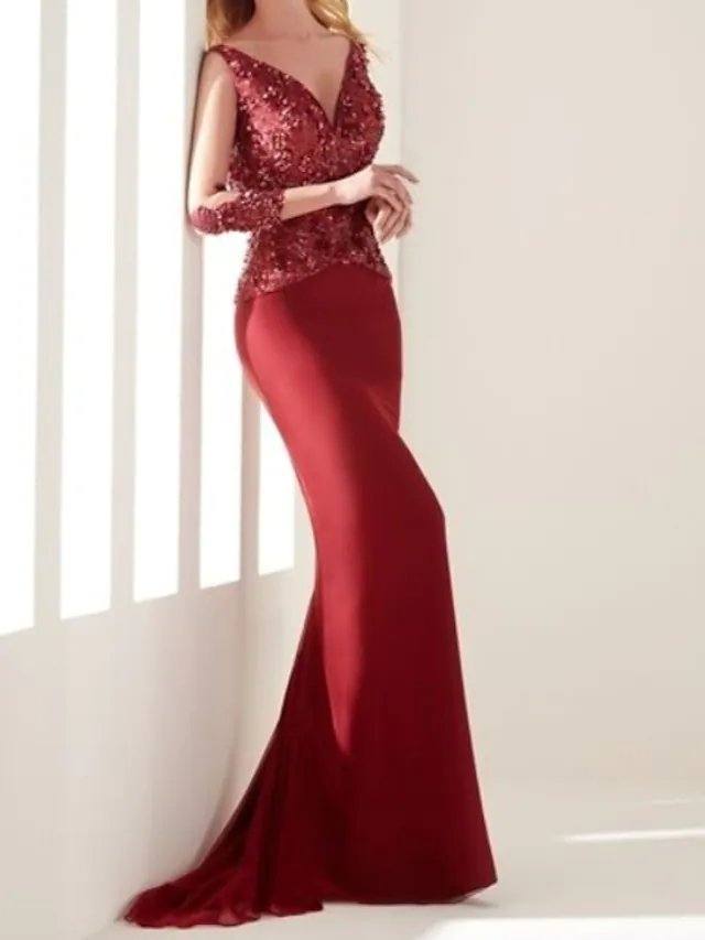 Mermaid / Trumpet Elegant Sexy Wedding Guest Formal Evening Dress V Neck 3/4 Length Sleeve Sweep / Brush Train Chiffon Lace with Beading - RongMoon
