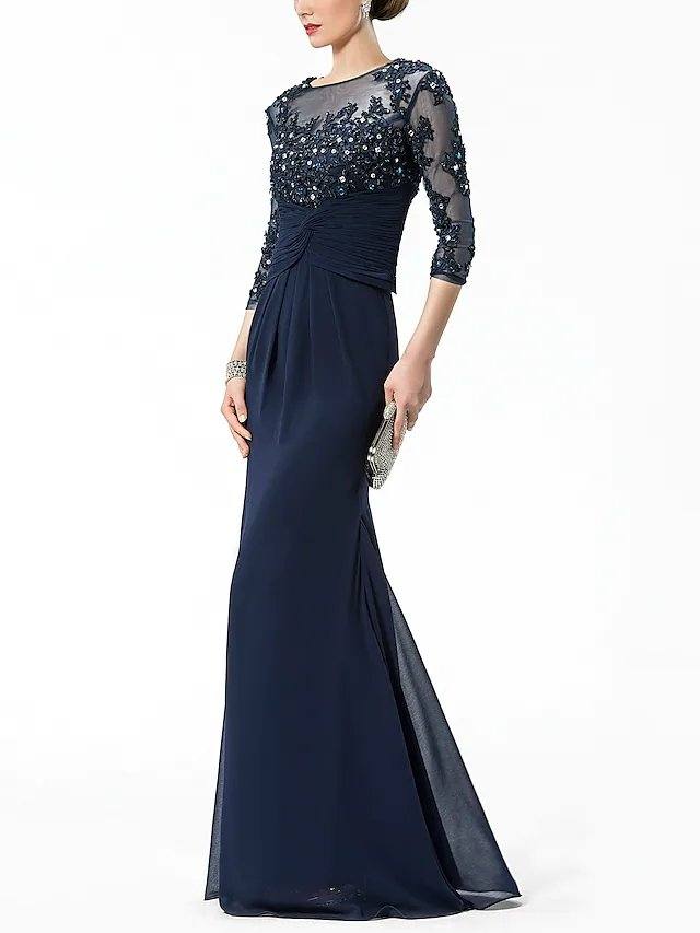 Two Piece Mermaid / Trumpet Sparkle Elegant Wedding Guest Formal Evening Dress Illusion Neck Half Sleeve Floor Length Chiffon with Crystals Appliques - RongMoon