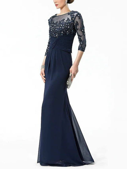Two Piece Mermaid / Trumpet Sparkle Elegant Wedding Guest Formal Evening Dress Illusion Neck Half Sleeve Floor Length Chiffon with Crystals Appliques - RongMoon