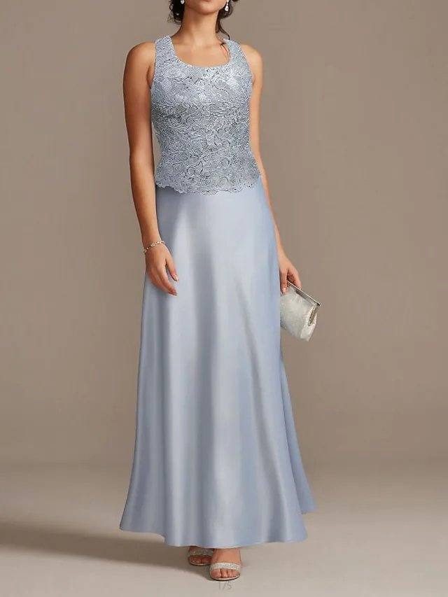 Sheath / Column Mother of the Bride Dress Elegant Scoop Neck Floor Length Polyester 3/4 Length Sleeve with Lace - RongMoon