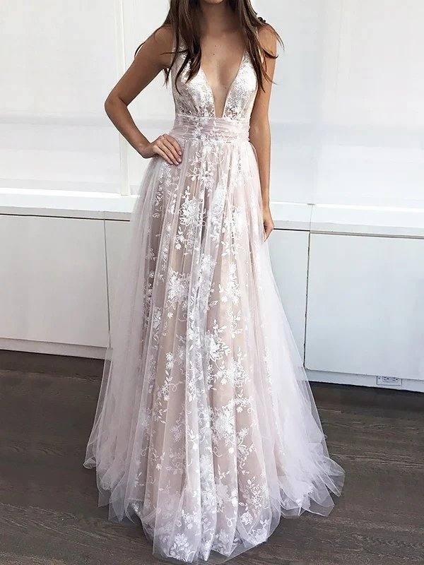 A-Line/Princess V-neck Floor-Length Tulle Sleeveless Applique Dresses - RongMoon