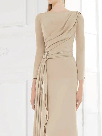 Sheath / Column Mother of the Bride Dress Elegant Jewel Neck Floor Length Chiffon Satin 3/4 Length Sleeve with Pleats Ruching - RongMoon