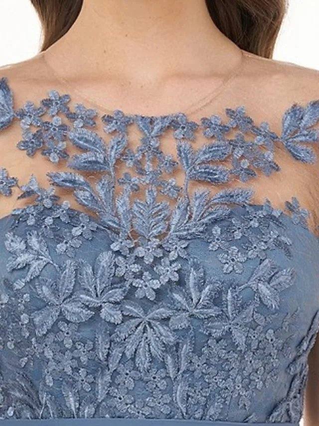 A-Line Mother of the Bride Dress Elegant Illusion Neck Floor Length Chiffon Short Sleeve with Appliques - RongMoon