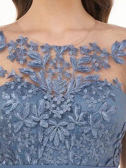 A-Line Mother of the Bride Dress Elegant Illusion Neck Floor Length Chiffon Short Sleeve with Appliques - RongMoon