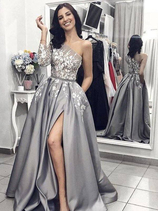 A-Line/Princess Sleeveless One-Shoulder Sweep/Brush Train Applique Satin Dresses - RongMoon