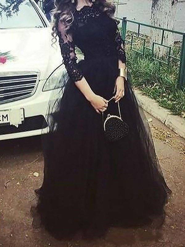 Ball Gown 3/4 Sleeves Bateau Lace Floor-Length Tulle Dresses - RongMoon