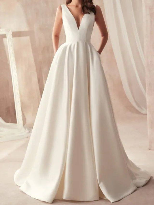 A-Line Wedding Dresses V Neck Floor Length Satin Sleeveless Simple - RongMoon