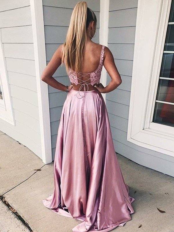 A-Line/Princess Sleeveless Square Sweep/Brush Train Applique Silk like Satin Two Piece Dresses - RongMoon