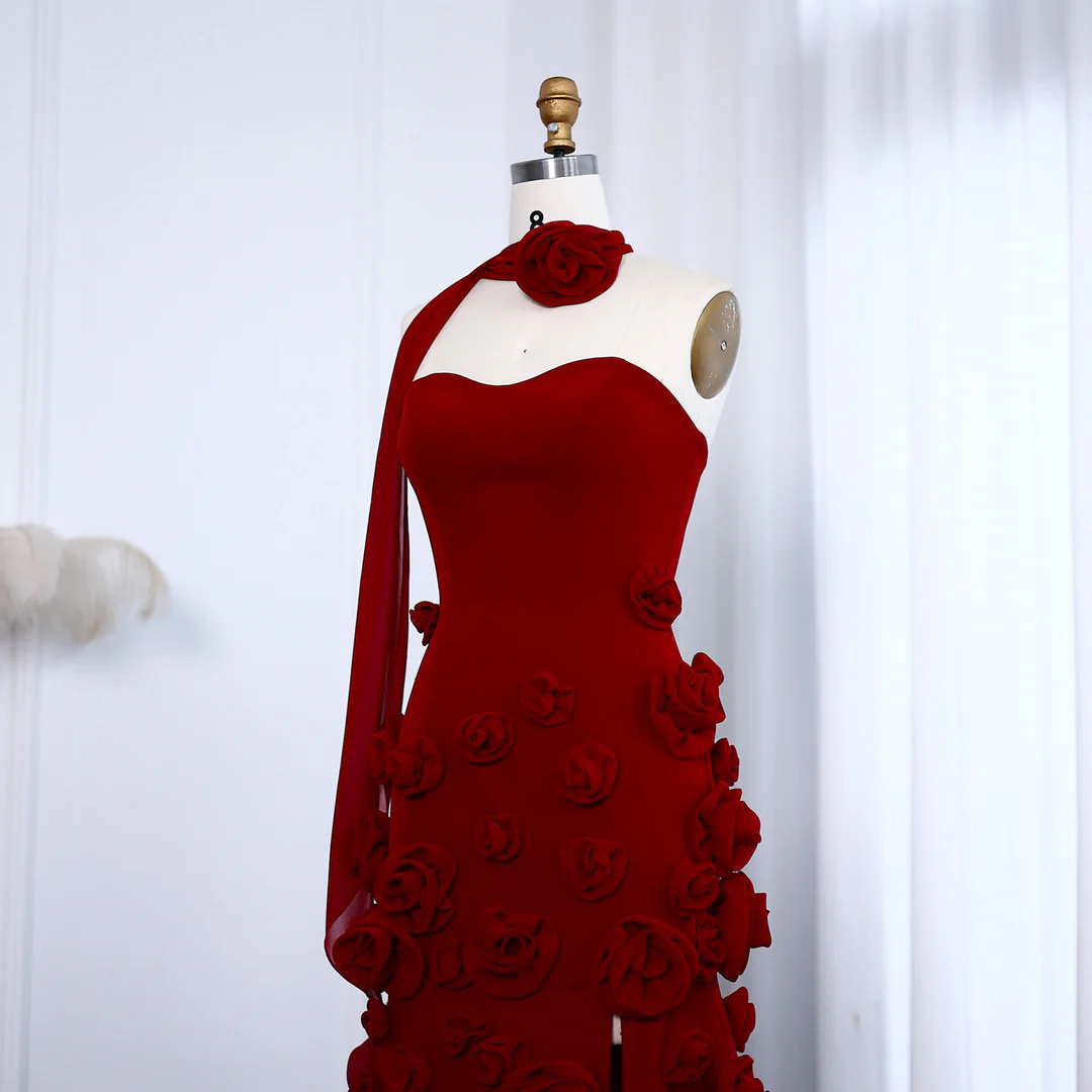 Beautiful Pink Strapless Tulle Rose Flowers Prom Dress Mermaid Slit Evening Dress Wedding Dress cc2084