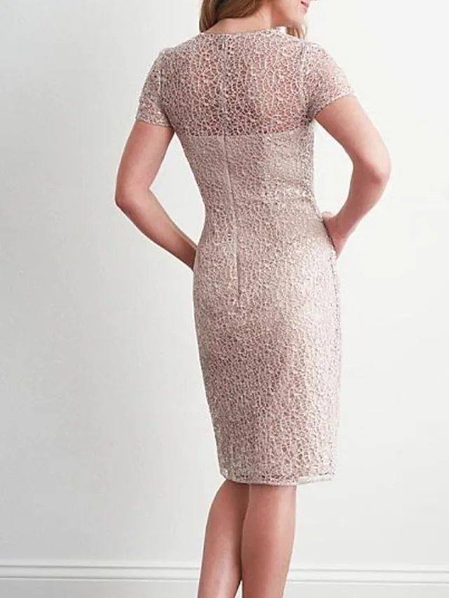 Sheath / Column Mother of the Bride Dress Elegant Jewel Neck Knee Length Lace Short Sleeve with Lace - RongMoon