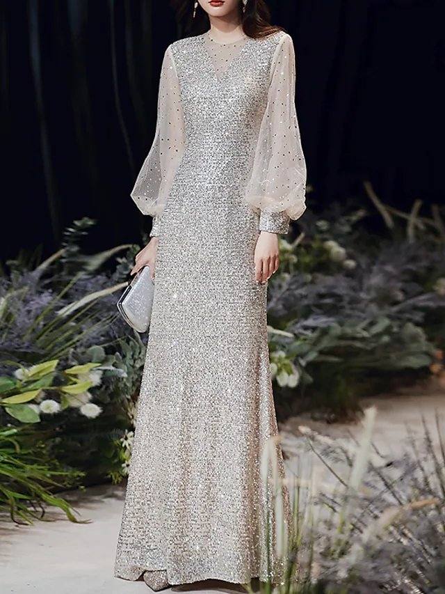 A-Line Mermaid / Trumpet Sparkle Elegant Prom Formal Evening Dress Illusion Neck Long Sleeve Sweep / Brush Train Sequined with Sequin - RongMoon