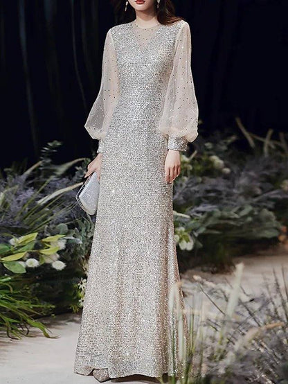 A-Line Mermaid / Trumpet Sparkle Elegant Prom Formal Evening Dress Illusion Neck Long Sleeve Sweep / Brush Train Sequined with Sequin - RongMoon