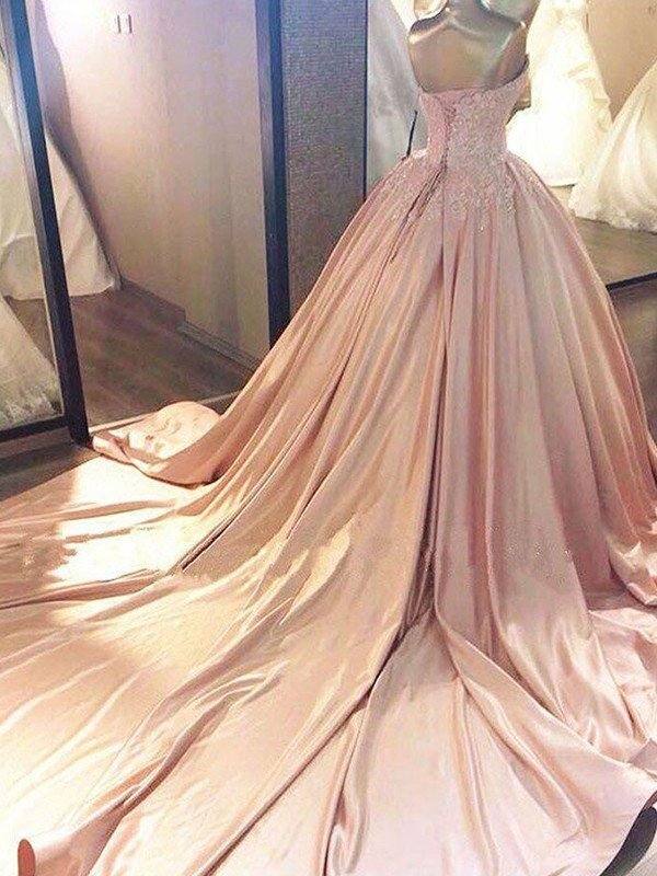 Ball Gown Sleeveless Sweetheart Court Train Lace Satin Dresses - RongMoon