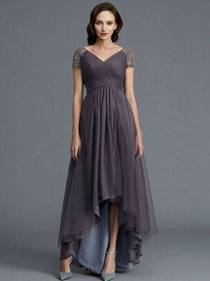 A-Line/Princess V-neck Short Sleeves Asymmetrical Tulle Mother of the Bride Dresses - RongMoon