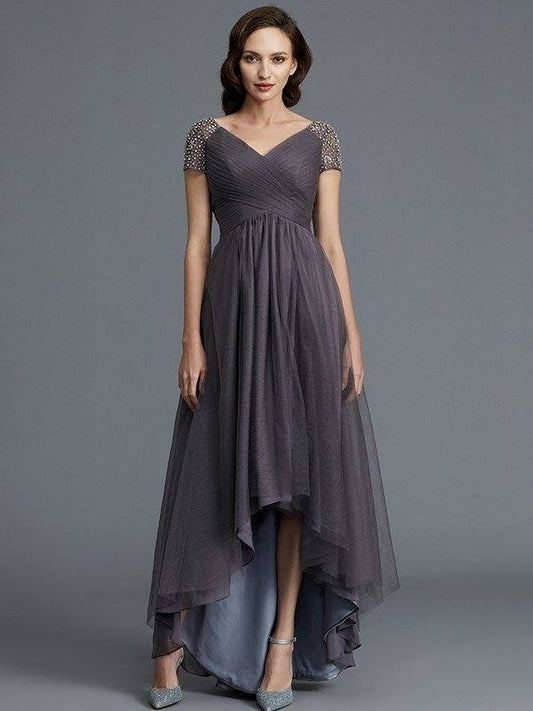 A-Line/Princess V-neck Short Sleeves Asymmetrical Tulle Mother of the Bride Dresses - RongMoon