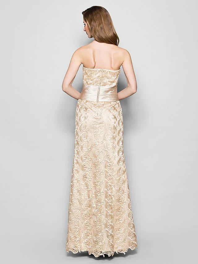 Mother of the Bride Dress Wrap Included Sweetheart Neckline Floor Length Lace Satin 3/4 Length Sleeve with Sash Ribbon Ruched