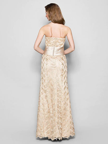 Mother of the Bride Dress Wrap Included Sweetheart Neckline Floor Length Lace Satin 3/4 Length Sleeve with Sash Ribbon Ruched