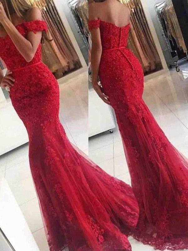 Trumpet/Mermaid Sleeveless Off-the-Shoulder Sweep/Brush Train Tulle Applique Dresses - RongMoon