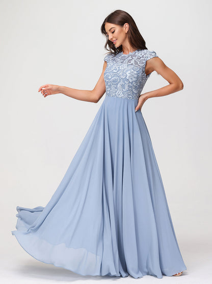 Illusion Wrap Neck Lace and Chiffon Maxi Dress-Dusty Blue