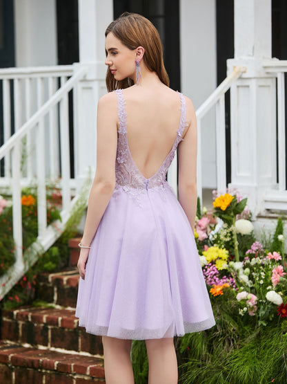 Appliqued Transparent Top Sleeveless Short Dress Lilac
