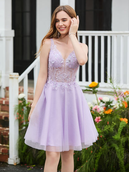 Appliqued Transparent Top Sleeveless Short Dress Lilac