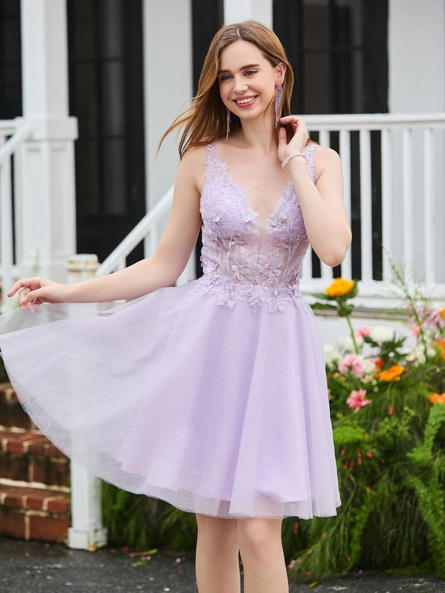 Appliqued Transparent Top Sleeveless Short Dress Lilac