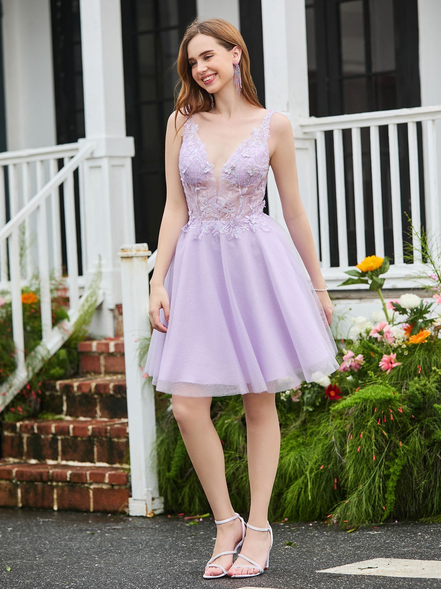 Appliqued Transparent Top Sleeveless Short Dress Lilac